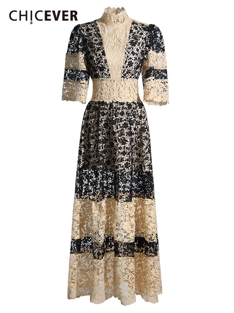

CHICEVER Vintage Print Midi Dress For Women Turtleneck Puff Sleeve High Waist Embroidery Patchwork Long Dresses Female Clothing