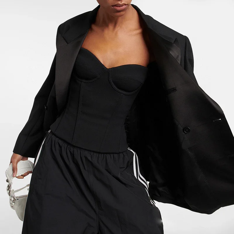 

23 SS Runway Black Knitted Wool Viscose Tube Top Women Trendy Sexy Off Shoulder Fishbone Vest Senior Elegant Slim Zipper Tops