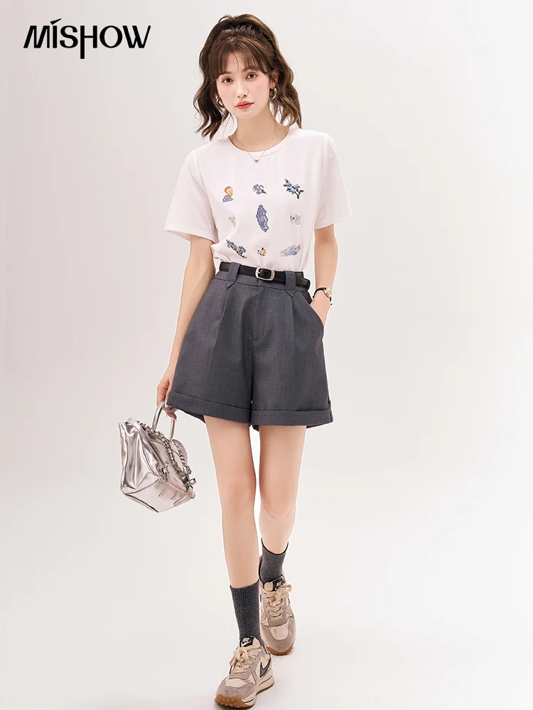MISHOW Women's with Belt Casual Suit Shorts 2023 Summer Solid Loose Fit Hem Curling Wide Leg Short Pants Office Lady MXC39K0090