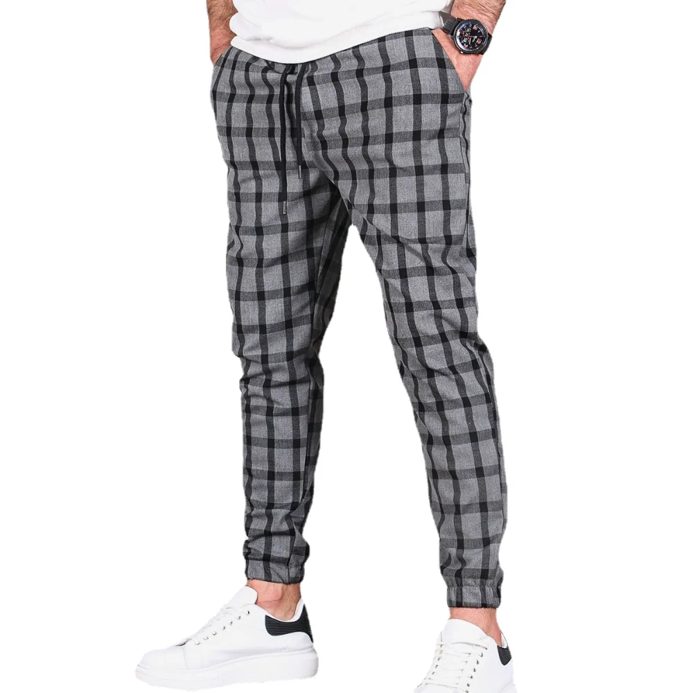 

New Spring Autumn Plaid Foot Binding Pants Men Fashion Straight Fit Casual Trousers Male