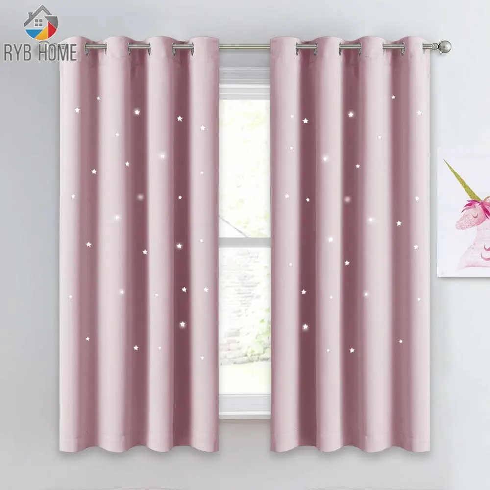 

RYB HOME 2Pcs Star Blackout Curtains Pink Star Curtain Hooks up Drape For Party Decoration Kitchen Home Bedroom