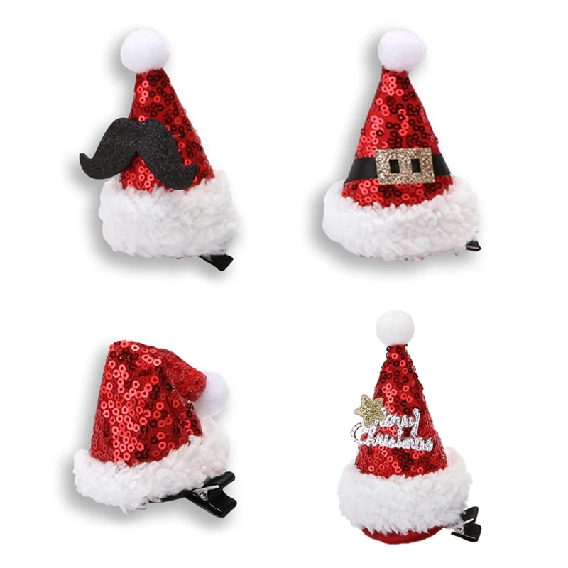 

N7MD Рождественская мини-шляпа с блестками в виде Санта-Клауса, зажим для волос, мультяшный ремень для бороды, заколки для волос с буквами алли...