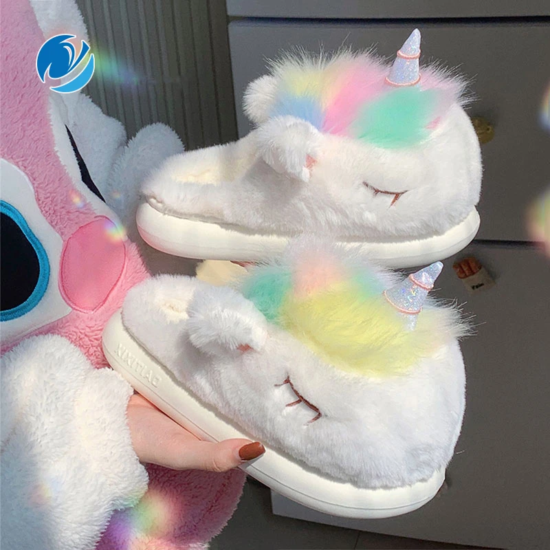 

Mo Dou Winter Cute Colorful Unicorn Plush Cotton Slippers Women's Indoor Anti slip and Warm Cotton Slippers