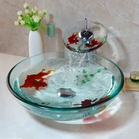 us warehouse tempered glass round goldfish sink with waterfall faucet set bathtub basin mixer water tap combo kit sink faucet