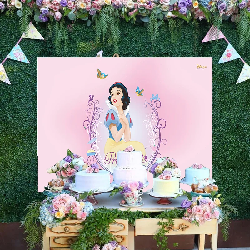 

Cartoon Disney Pink Photo Backdrop Snow White Girls Princess Cute Blue Bird Happy Birthday Party Decoration Backgrounds Banner