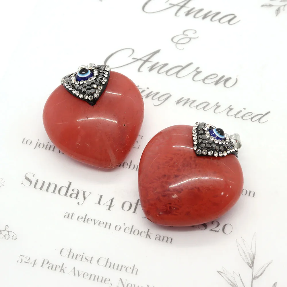 

Watermelon Red Pendant Heart Natural Stone Inlaid Rhinestones Evil Eye Handmade Making DIY Necklace Earring Charms Accessories