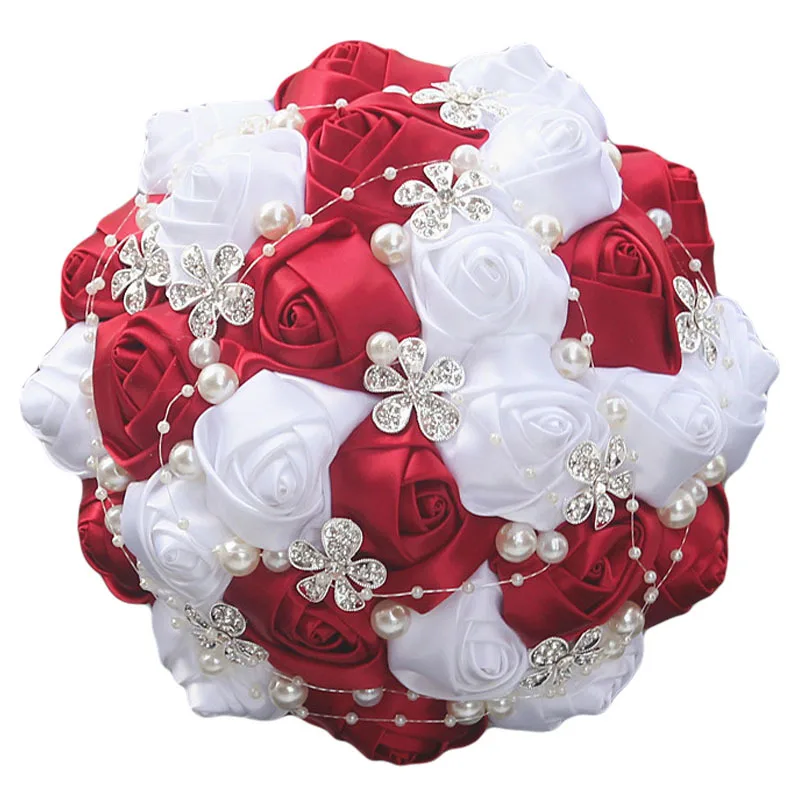 

24cm Wine Red Bride Bridesmaids Bouquet Handmade Wedding Holding Accessories Pearl Crystal Fashion Romantic Wedding Decoration