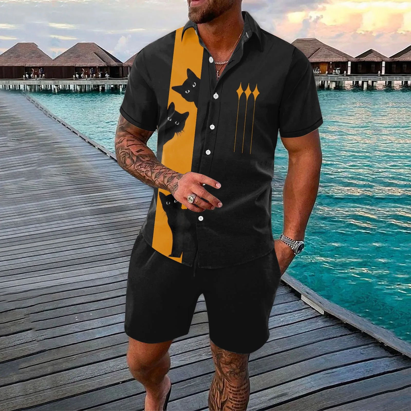 

Футболка и шорты с принтом животных, комплект из 2 предметов, гавайский костюм с воротником с лацканами и короткими рукавами, мужская одежда ...