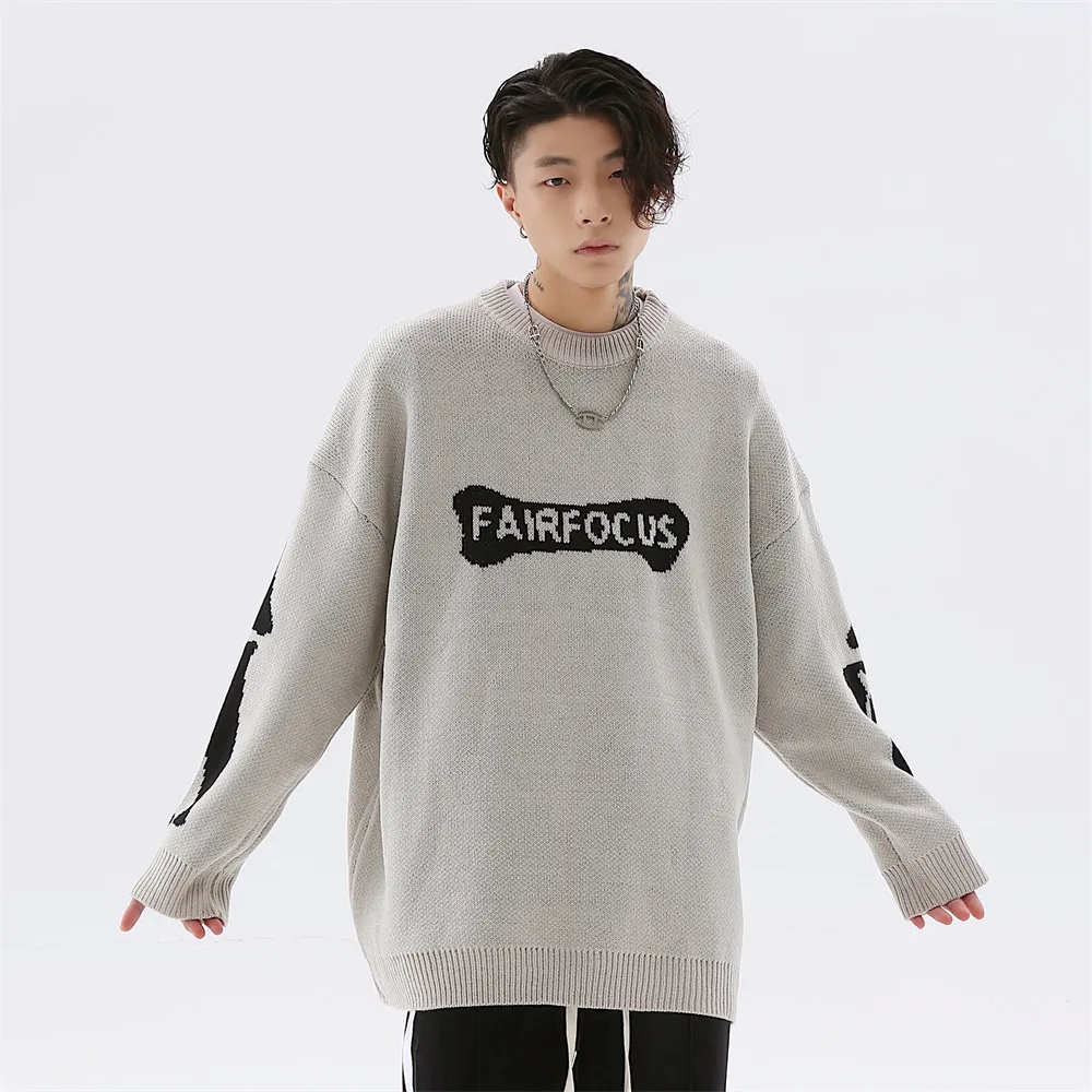 Men Oversized Sweater Casual Loose Skeleton Bone Letter Print Women High Street Knitted Sweater 2023 Autumn Cotton Pullover