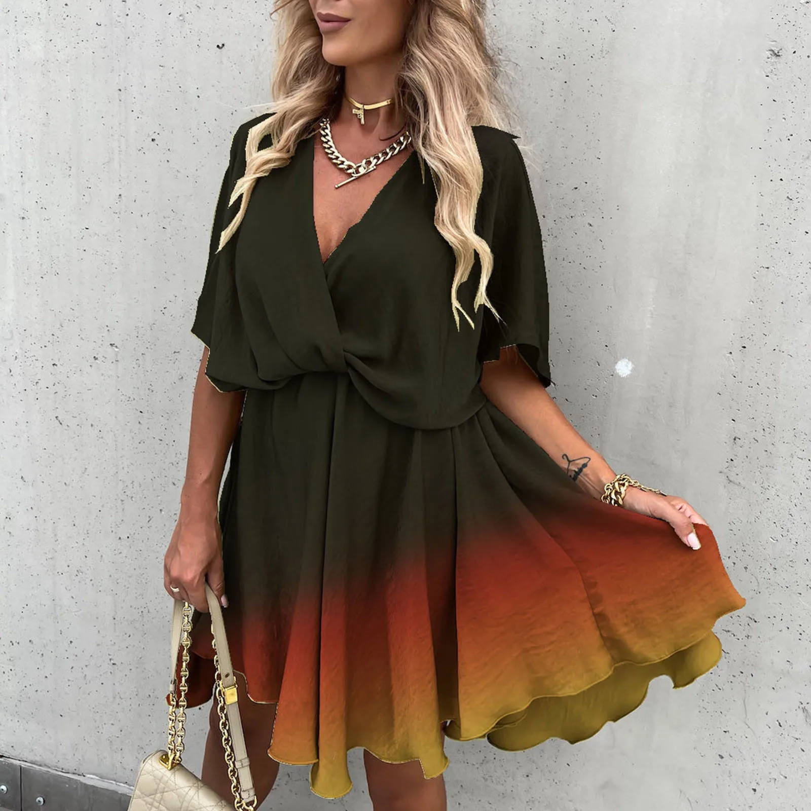 

Women Mini Dress Print Batwing Sleeve Overlap Flowy Swing Dress Faux Wrap Black T Shirt Long Dress for Women Casual with Sleeves