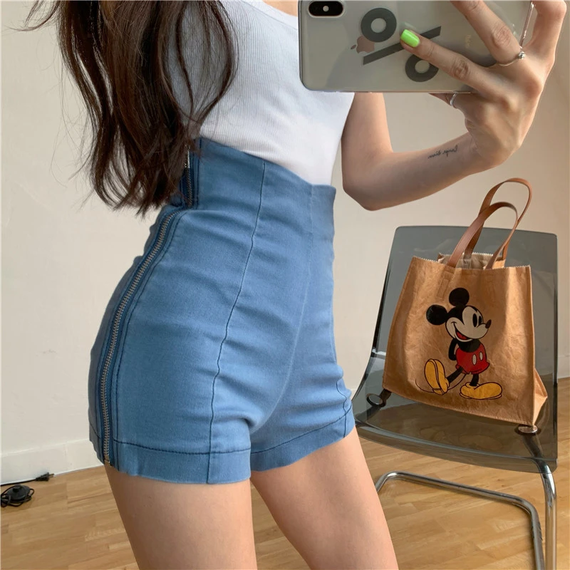 

Side Zipper High Waist Shorts Women Solid Color Denim Short Pants Female Korean Fashion New Streetwear Skinny Stretch Pants K366