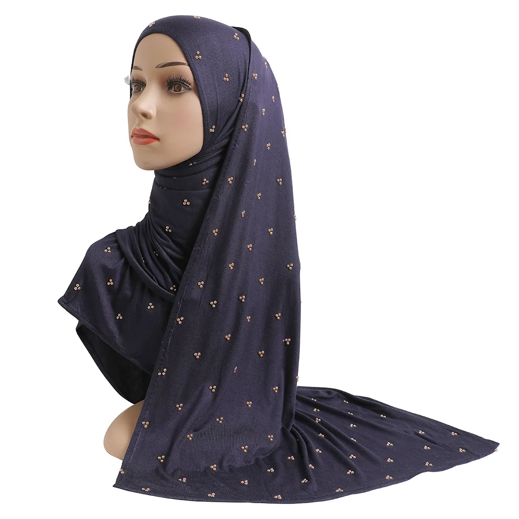 Muslim Long Scarf with Diamonds Jersey Plain Headscarf Islamic Hijab Shawls Arab Headband Wraps Ladies Warmer Neckerchief Stole