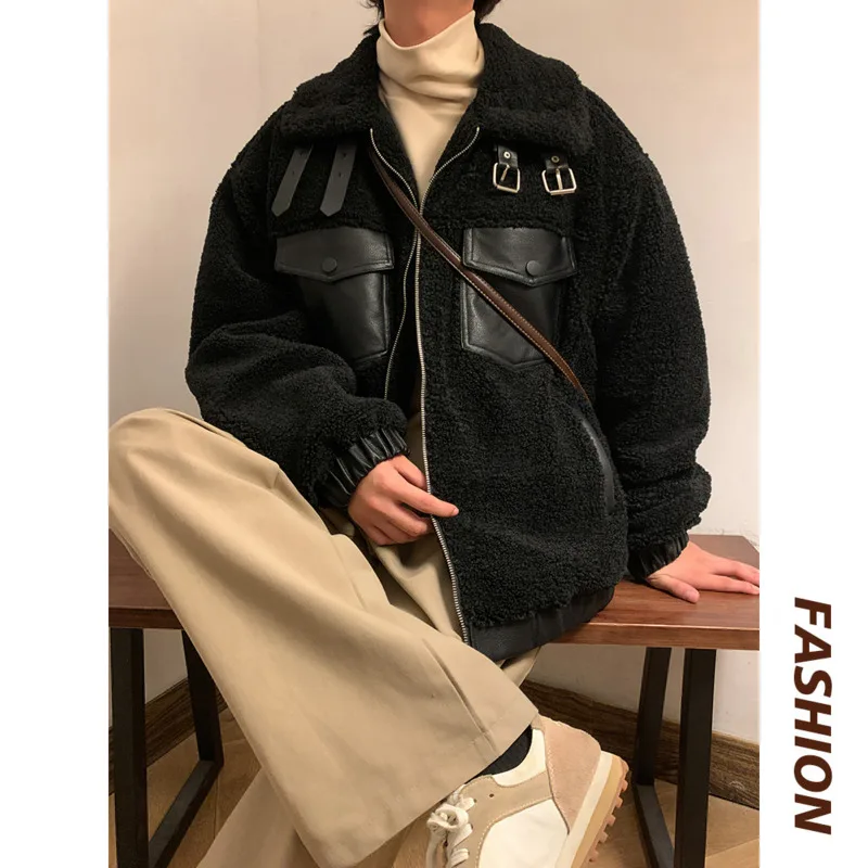 Winter Jacket Men Warm Fashion Retro Casual Thicken Lamb Hair Jacket  Japanese Streetwear Loose Thick Short Coat Mens Outwear