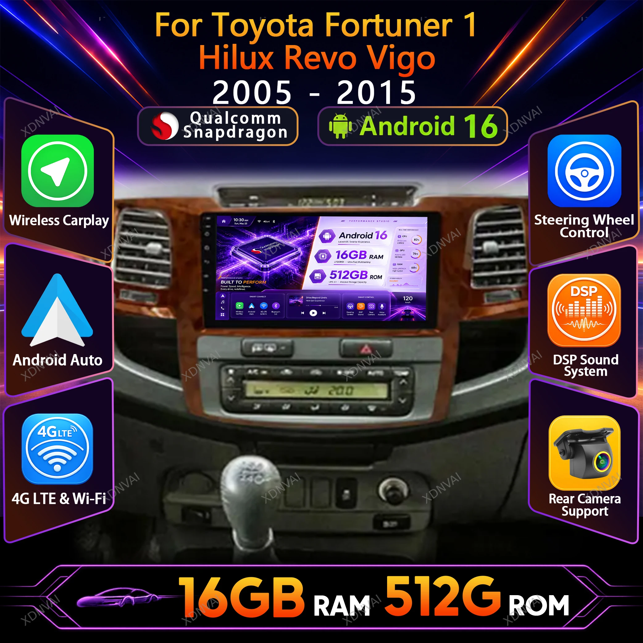 Фото Автомобильная магнитола на Android 16 для Toyota Fortuner 1 Hilux Revo Vigo 2005 - 2015, мультимедийный видеоплеер, DSP, навигация, 4G LTE, Carplay, RDS. №1