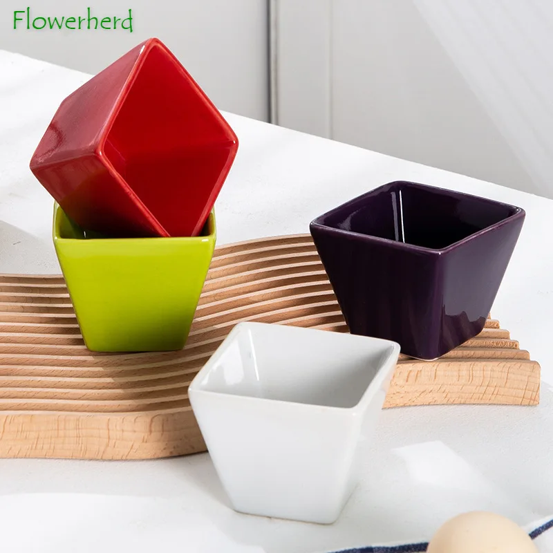

Creative Simple Small Ceramic Pudding Bowl Square Color Glaze Fruit Salad Bowl Cake Bowl Snack Plate Dinnerware Set