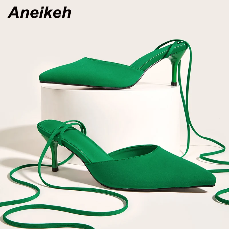 

Aneikeh Spring/Autumn 2022 NEW Ladies Shoes Cross-Tied Narrow Band Slingbacks Pumps Pointed Toe Thin Heels Elegant Party Slip-On