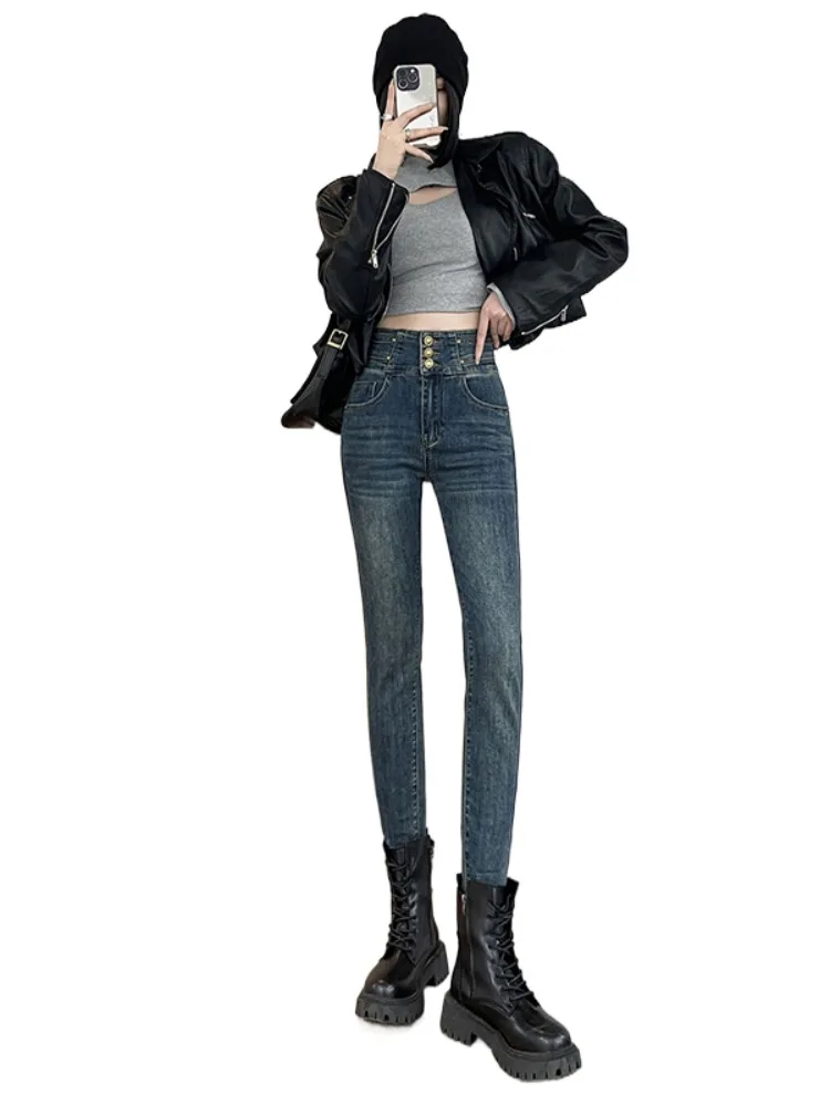 Джинсы больших размеров в стиле ретро на флисовой подкладке женские