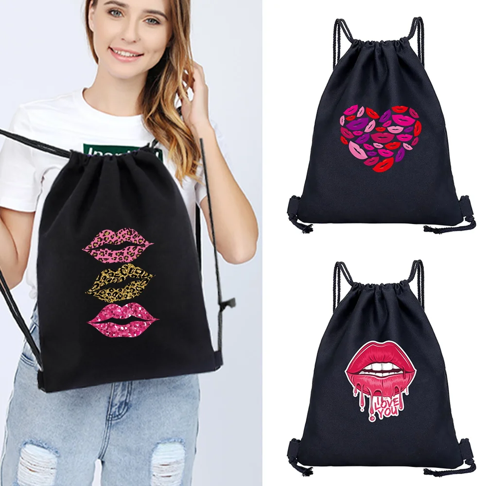 

Sport Drawstring Backpack Gym Backpack Camping Travel Beach Bag Casual String Knapsack Women Softback Storage Bags Mouth Print