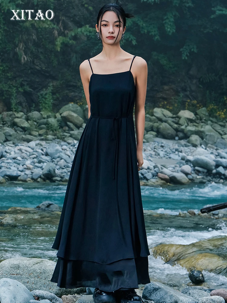 

XITAO Solid Suspender Dress Women Korea Summer New Arrival Personality Fashion Loose One Word Neck Sleeveless Dress WLD8285