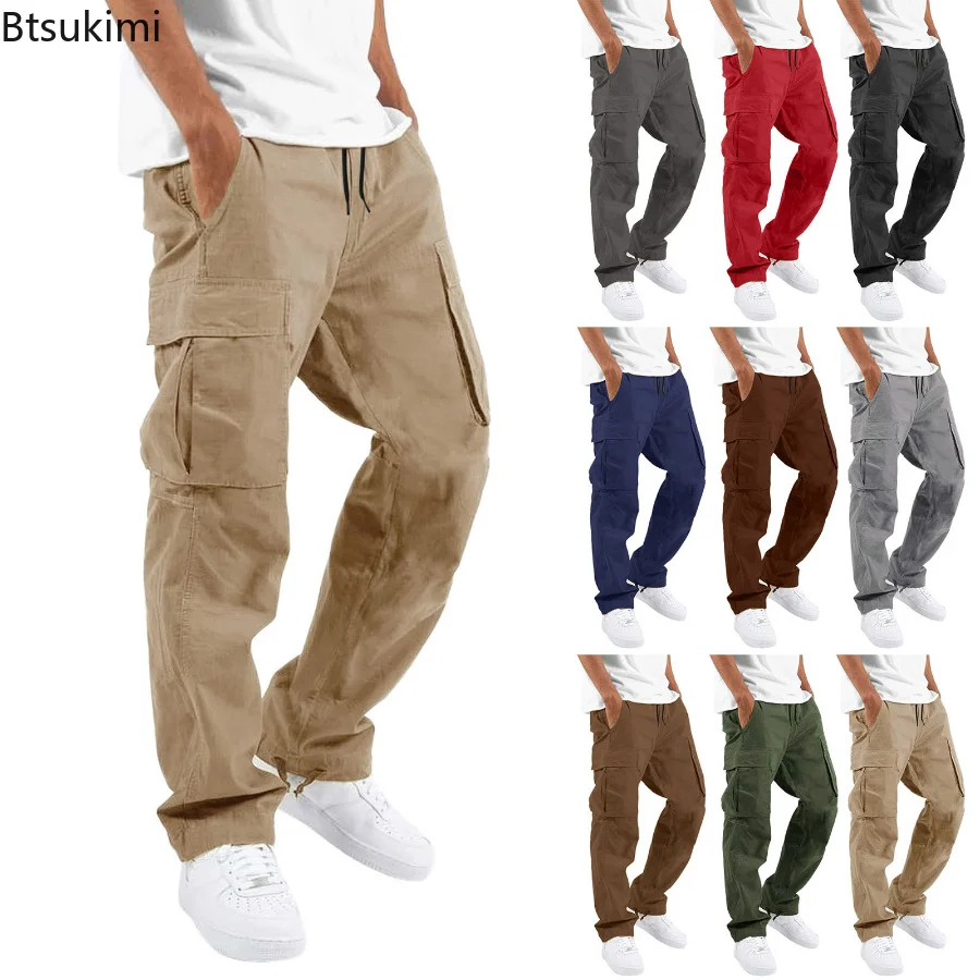 

New 2023 Cargo Pants Trousers for Men Full Length Solid Color Loose Multi-pocket Drawstring Pockets Pants Male Cargo Pants 3XL