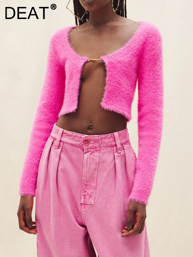 

DEAT Fashion Women's Knitted Cardigan O-neck Slim Mental Buckle Long Sleeve Solid Color Short Sweater Spring 2023 New 17A5156