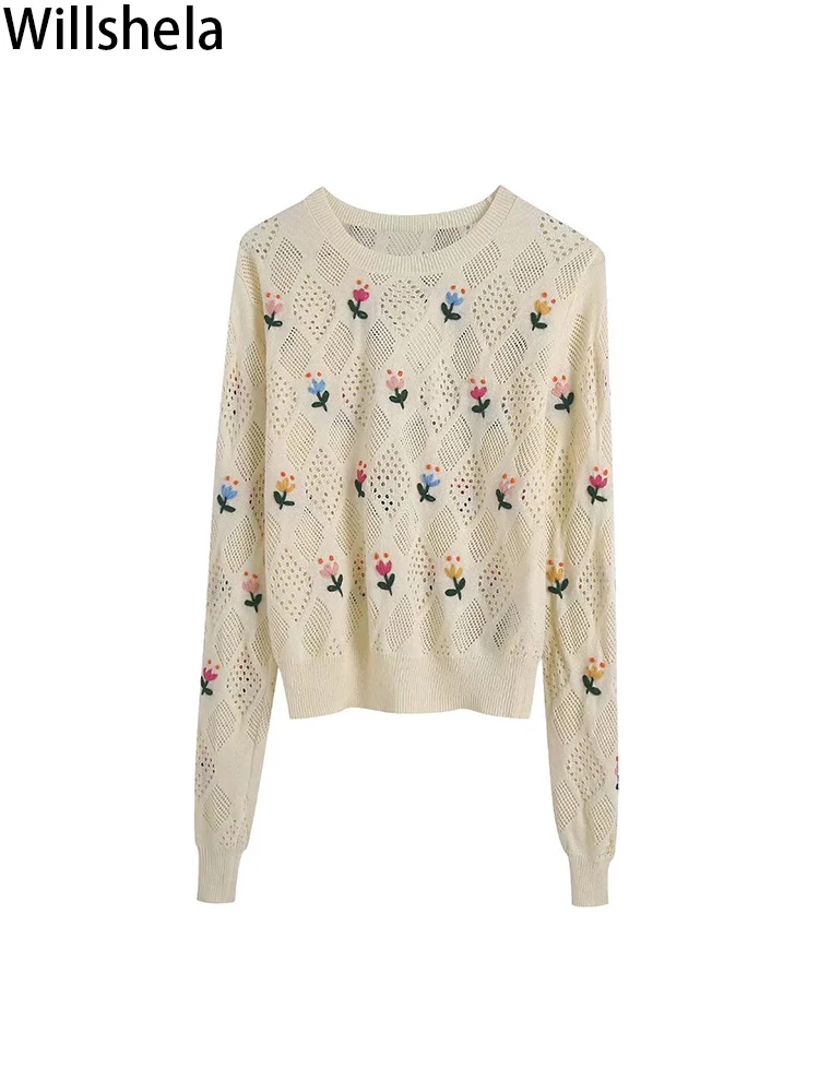 

Willshela Women Fashion Embroidery Knitted Sweater Pullover Vintage O-Neck Long Sleeves Female Chic Lady Sweater