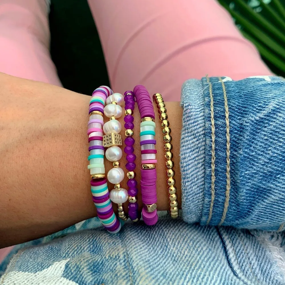 

KKBEAD Freshwater Pearls Heishi Bracelets Polymer Clay Dark Purple Crystal Beaded Bracelet Rhinestones Charm Pulseras Jewelry