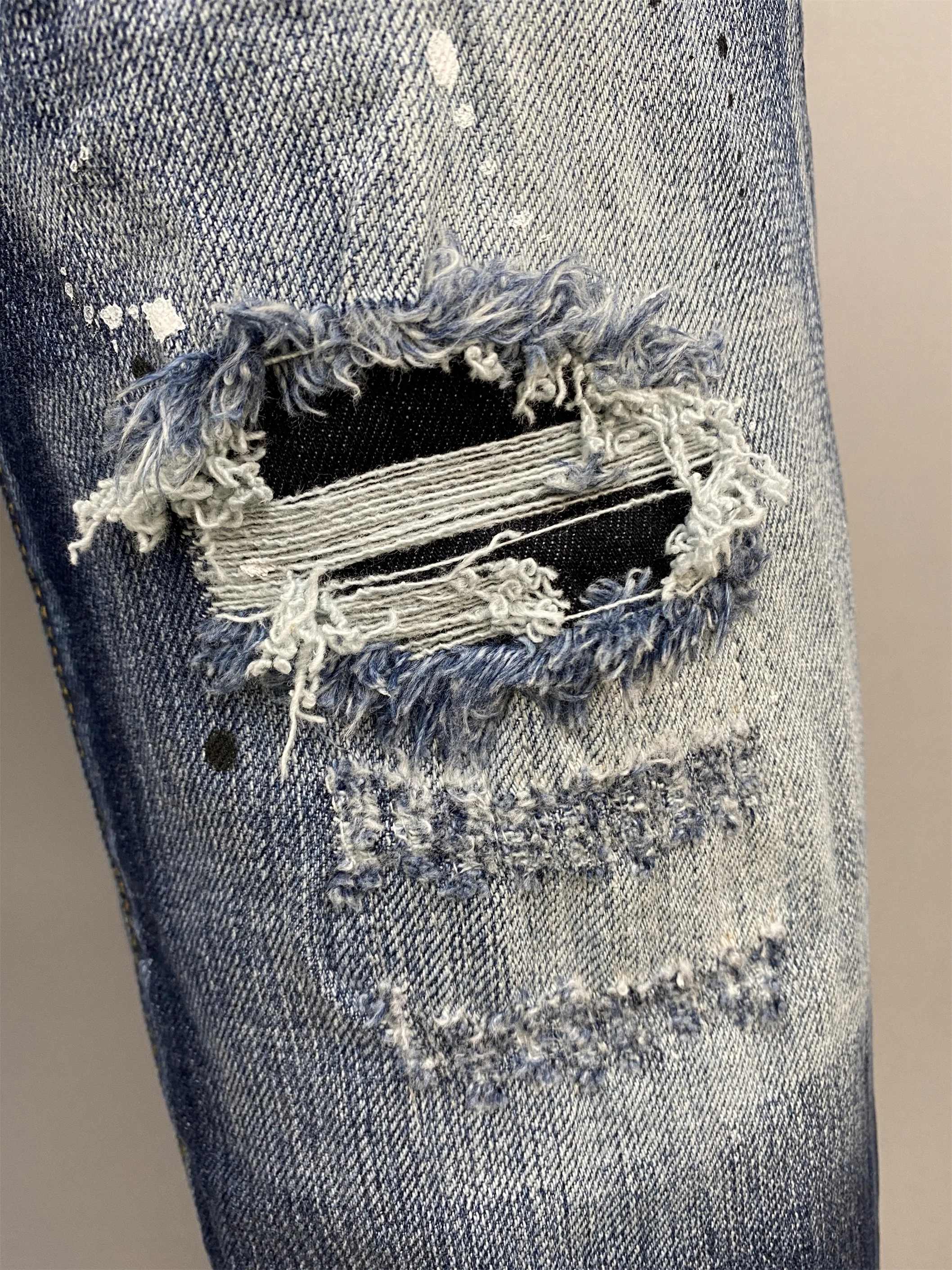2023 New D2 Jeans Men's Fashion Slim Fit Water Wash Hole Patch Knife Cut Ink Micro Elastic Feet Pants
