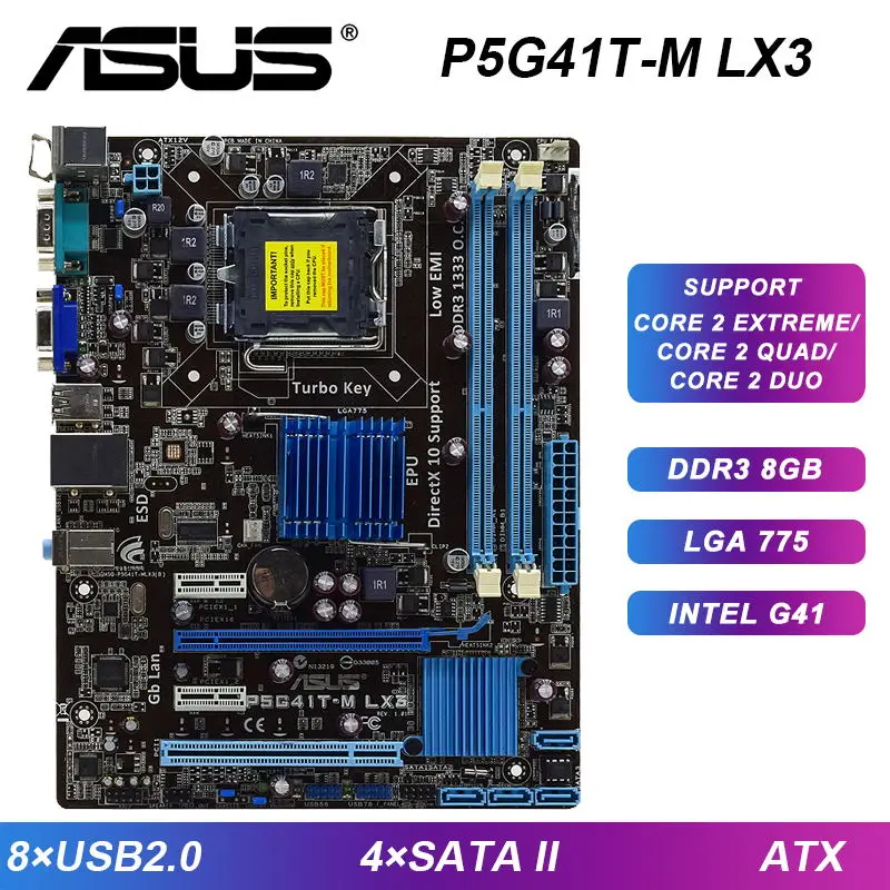 

ASUS P5G41T-M LX3 Motherboard LGA 775 DDR3 Motherboard 8GB Dual Channel SATA II USB2.0 Intel G41 ATX For Core E1600 cpus