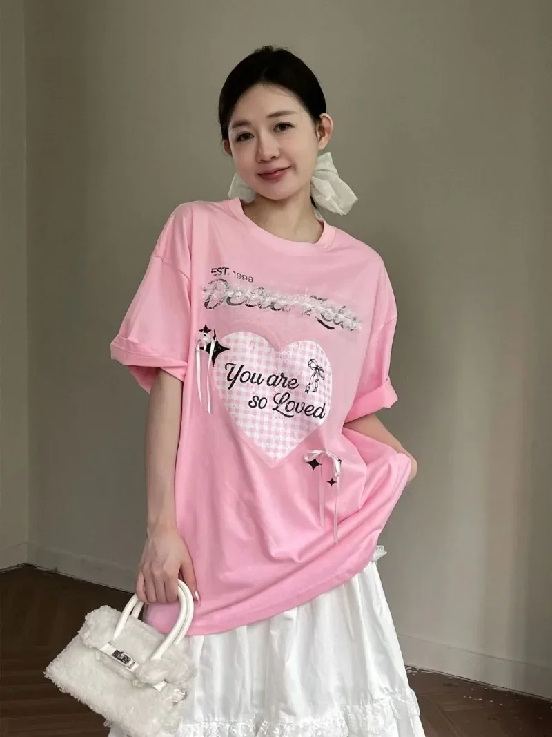 Хип-хоп High Street футболки с круглым вырезом Y2k буквенным принтом в виде сердца