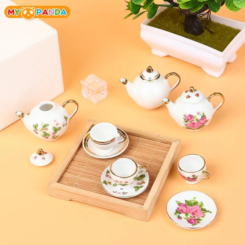 

5pc/Set Retro Miniature Dollhouse Dinnerware Porcelain Teapot Tea Cups Tea Set Cup Plate Colorful Floral Print Teaware Home Deco
