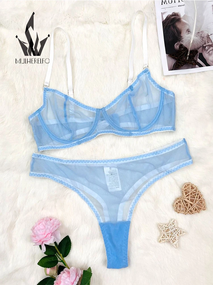 

Mulherelfo Lingerie Set Women 2 Pieces Sexy Erotic Underwear Bra Brief Sets Transparent Lace Seamless Blue Bralette Setup Ladies