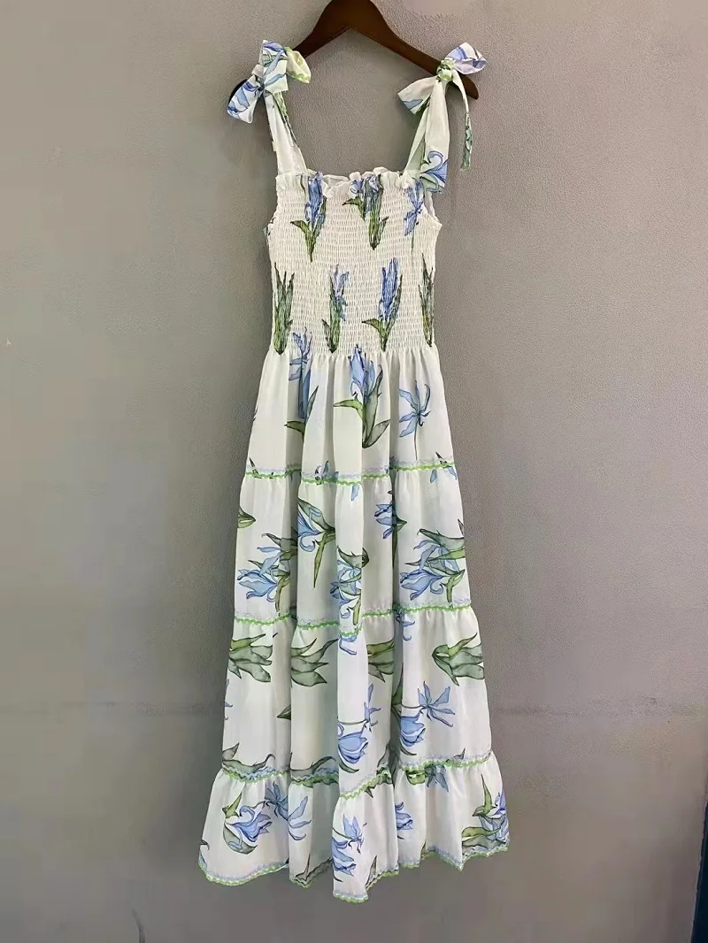 Bohemian Beach Dress 2022 Summer Fashion Style Ladies Bow Shoulders Elegant Floral Prints Elastic Chest Sexy Casual Club Dress