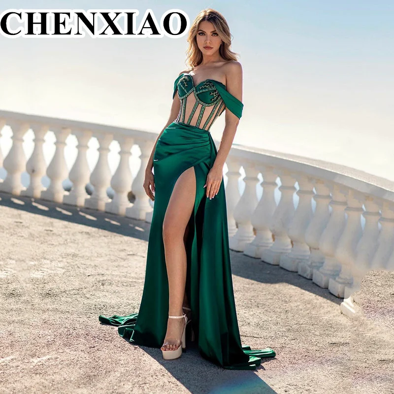 

CHENXIAO Satin Mermaid Formal Evening Dresses Off The Shoulder Beaded Corset Prom Dress Side Split Celebrity Party Gowns