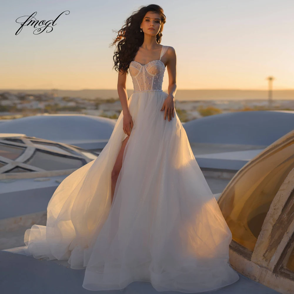 

Fmogl Sexy Sweetheart Pearls Vintage A Line Wedding Dresses Vestido De Noiva Luxury Illusion Sweep Train Bridal Gown