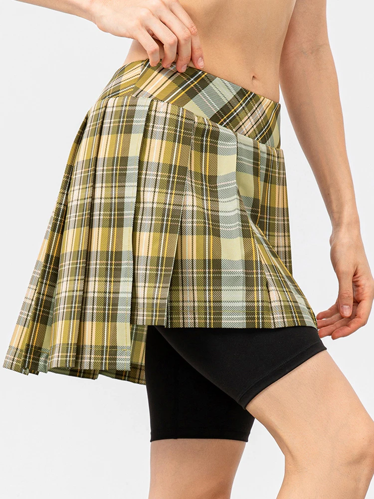 

SVOKOR Plaid Fake Two-piece Tennis Skirt Women Breathable Stretchy Slim Workout Shorts Quick Drying Gym Fitness Clothing