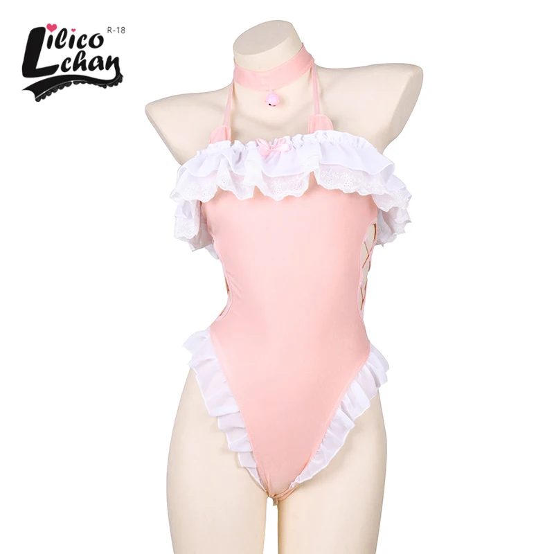 

Ruffles Lace Women Sexy Bodysuit Lolita Sweet Swimsuit Backless Side Hollow Out Sleepwear Costumes Halter Off Shoulder Lingerie