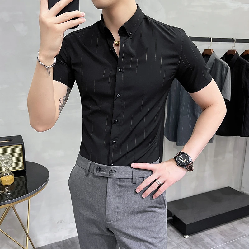 

Plus Size 5XL-M Summer Short Sleeve Striped Tuxedo Shirts Men Fashion 2022 Business Formal Slim Fit Social Dress Shirts Homme