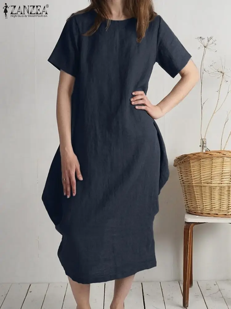

Women Sundress Kaftan 2022 ZANZEA Summer Solid Dress Casual Short Sleeve Midi Vestidos Female O Neck Robe Femme Oversized