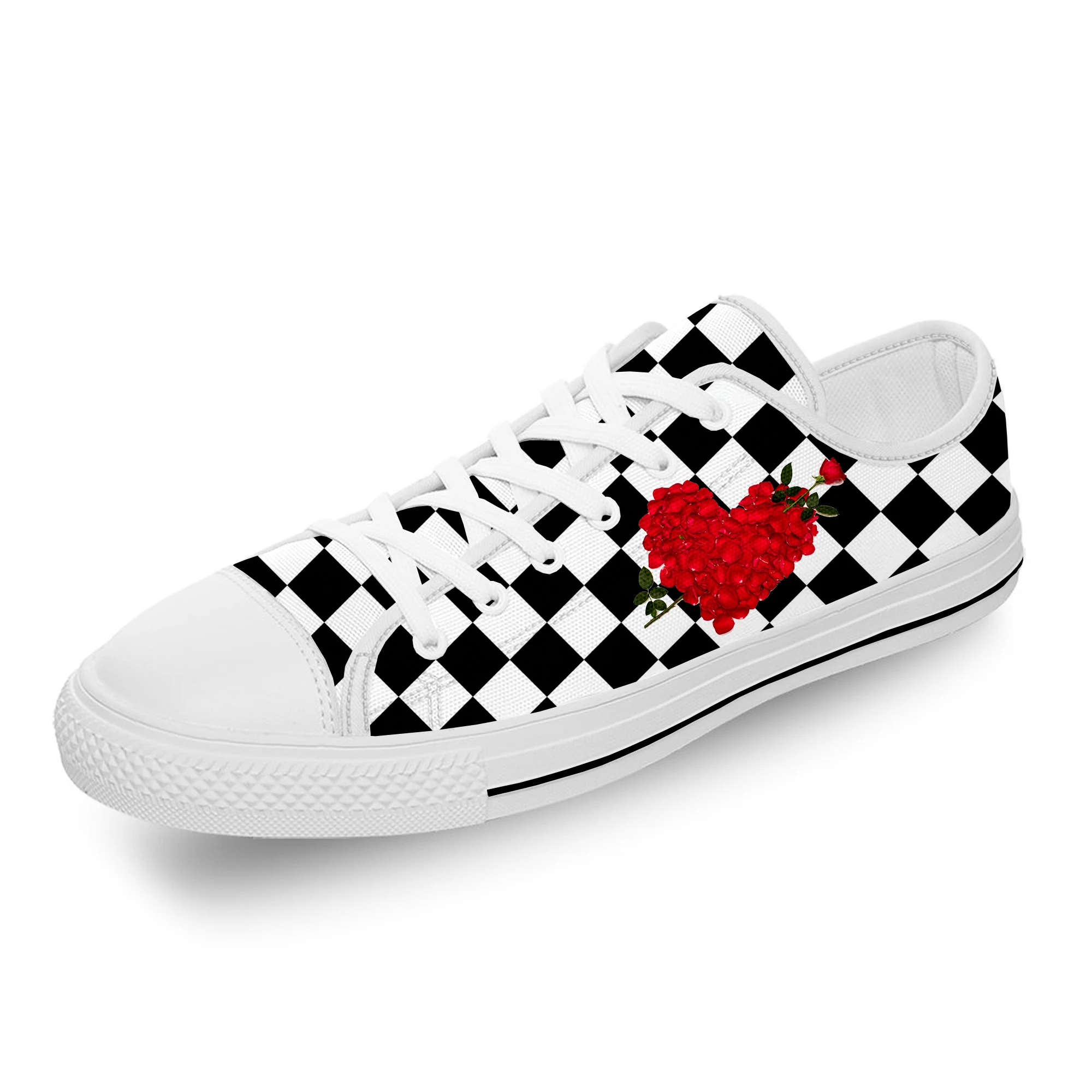 

Black And White Squares Rose Flower White Cloth Fashion 3D Print Low Top Canvas Shoes Men Women Lightweight Breathable Sneakers