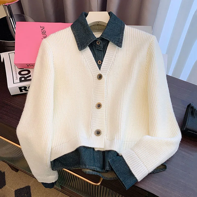 Осень-зима 2022 новый ретро-поддельный двухсекционный вязаный кардиган свитер