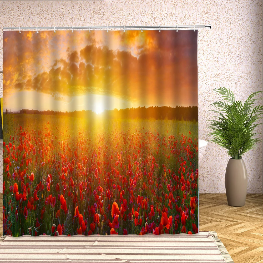 

Sunset Poppy Flower Scenery Shower Curtains Sunrise Ocean Wave Clouds Tropical Natural Scape Fabric Bath Screen Bathroom Decor