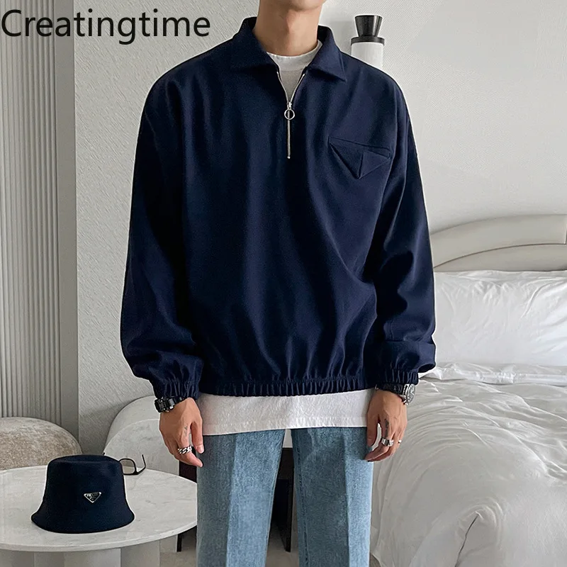

Creatingtime 2022 Spring New Korean Trend Men's Lapel Zipper Solid Color Sweater Loose Casual Long Sleeve Pullover GA559