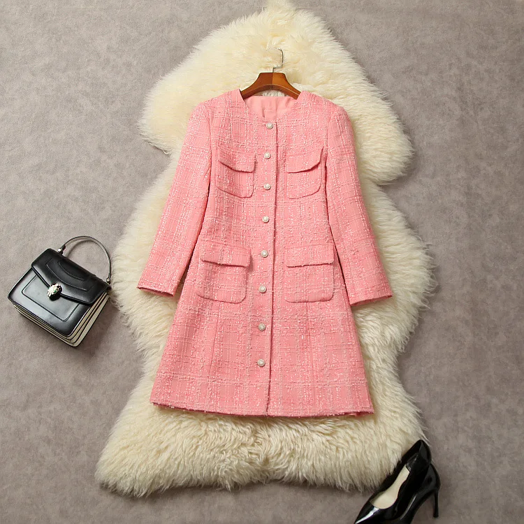 

Женская одежда в европейском и американском стиле, Новинка осени 2023, однобортное модное твидовое платье с длинным рукавом и карманами