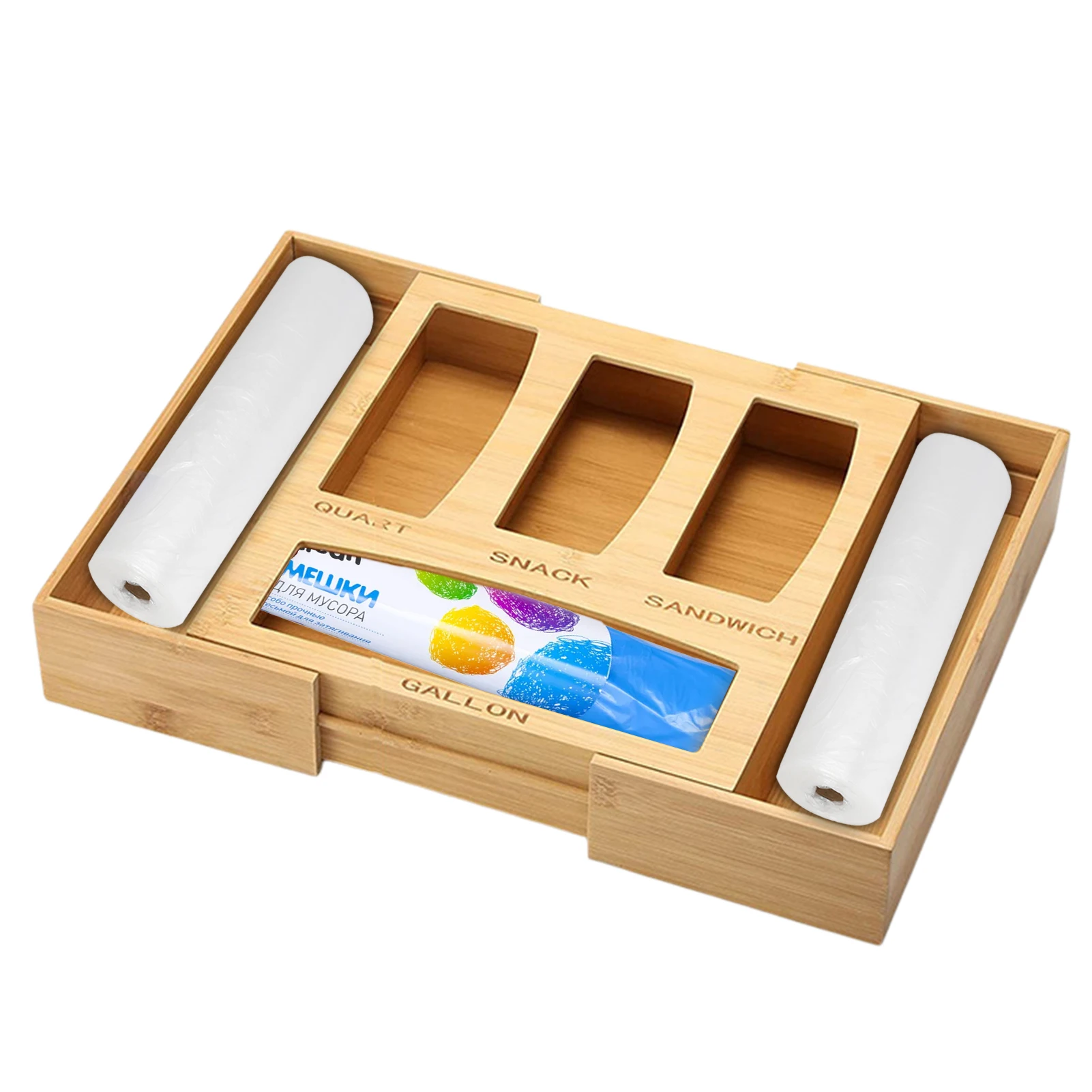 

Expandable Kitchen Bamboo Bag Storage Organizer And Dispenser For Kitchen Drawer Suitable For Gallon Sandwich