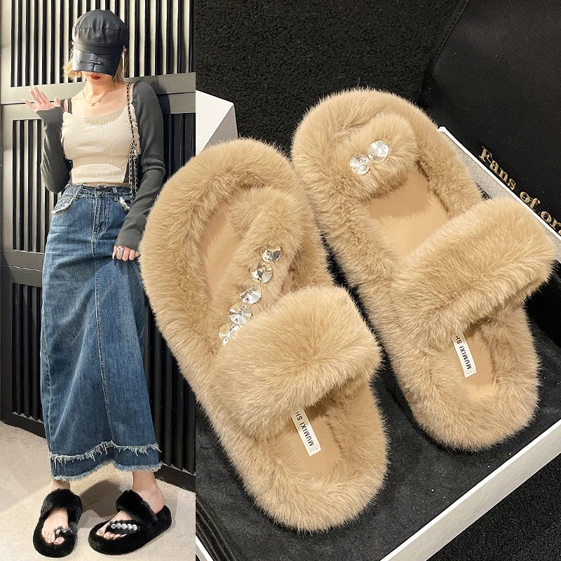 

Shoes Woman 2023 Plush Slippers For Adults Glitter Slides Platform Fashion Med Shallow Pantofle Fur Jelly Flat Luxury New with f
