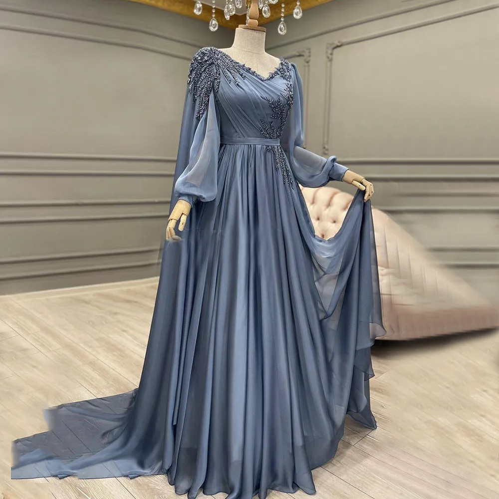 

Blue Moroccan Caftan Evening Dresses Puff Sleeves V-Neck A-Line Party Dress Dubai Chiffon With Lace Applique فساتين مناسبة رسمية