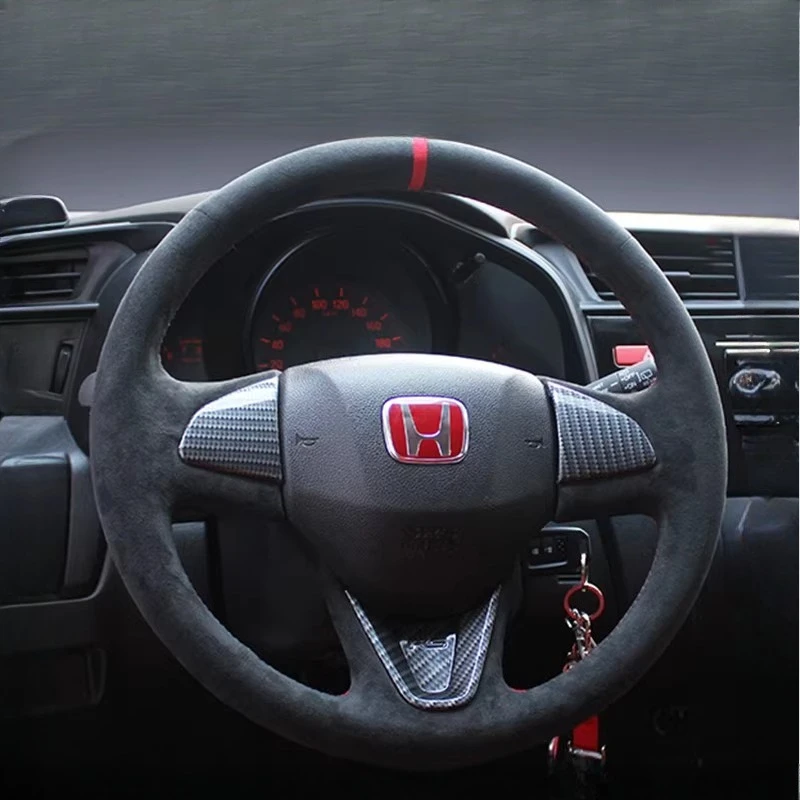 Фото Для Honda Fit City Gania GREIZ 2014-2020 сшитый вручную нескользящий черный красный чехол на руль автомобиля из натуральной кожи №3