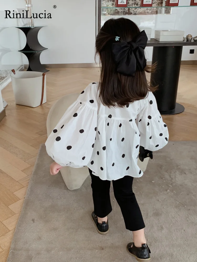 

RiniLucia Girls Blouses Baby Clothes Long Sleeve Shirts For Toddler Polka Dot O Neck Princess Doll Shirts Children Casual Tops