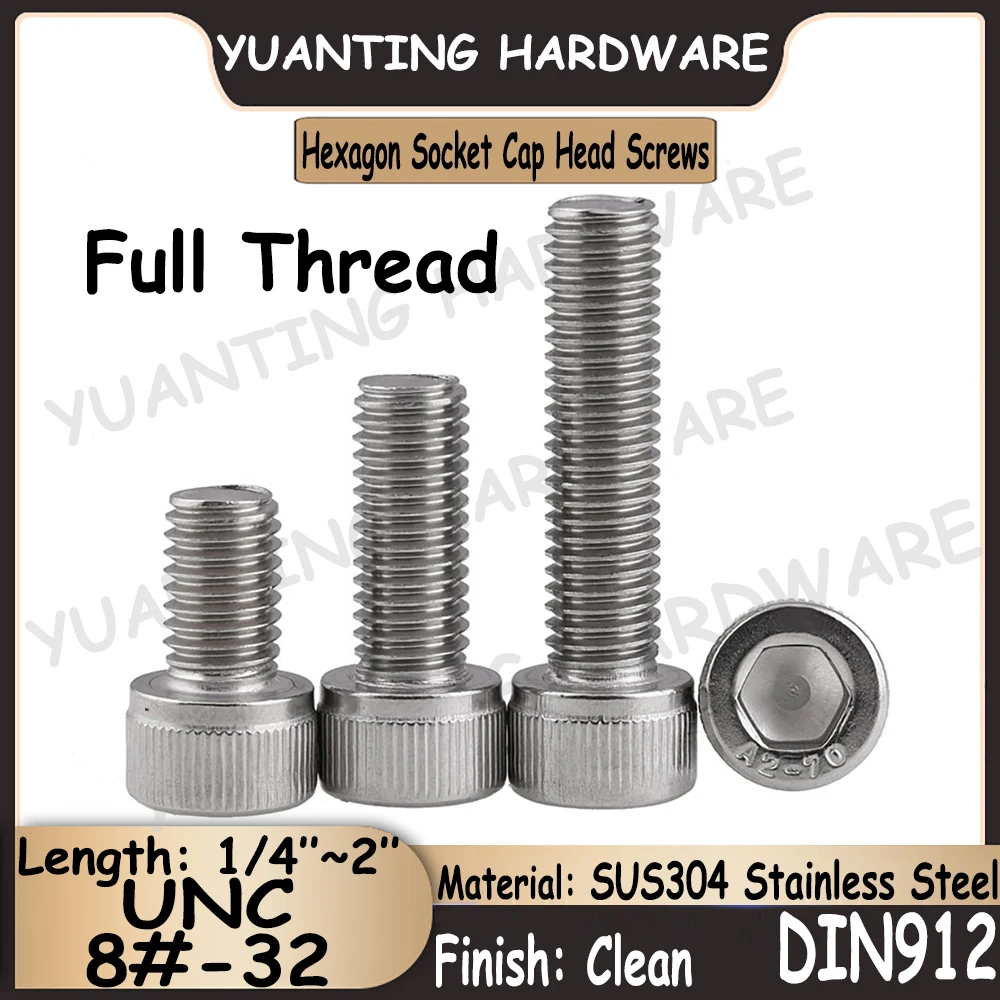 

10Pcs UNC 8#-32x1/4''-2'' DIN912 SUS304 Stainless Steel Hexagon Socket Knurled Cap Head Screws Cap Head Bolts with Full Thread